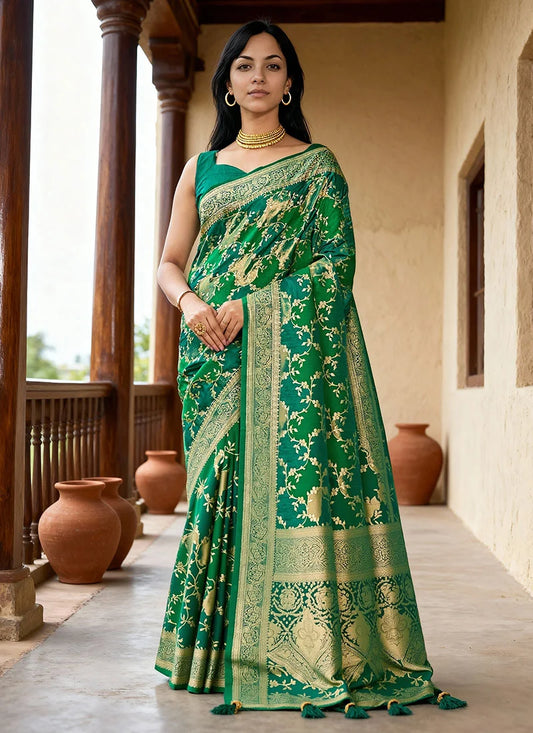 Green Meenakari Kora Silk Banarasi Saree