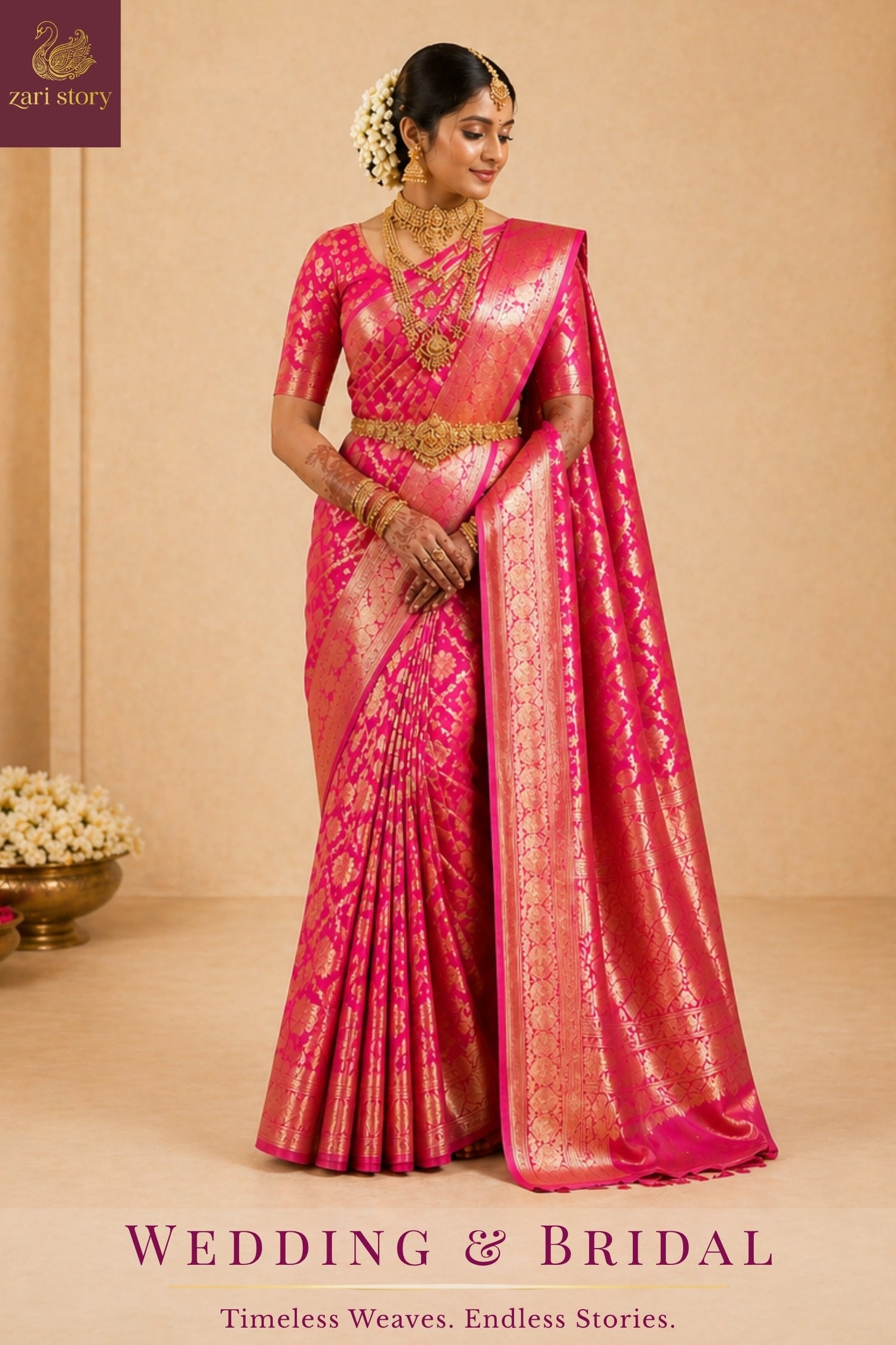Indian bride in a heavy red Banarasi silk saree with intricate gold zari embroidery and traditional bridal jewelry