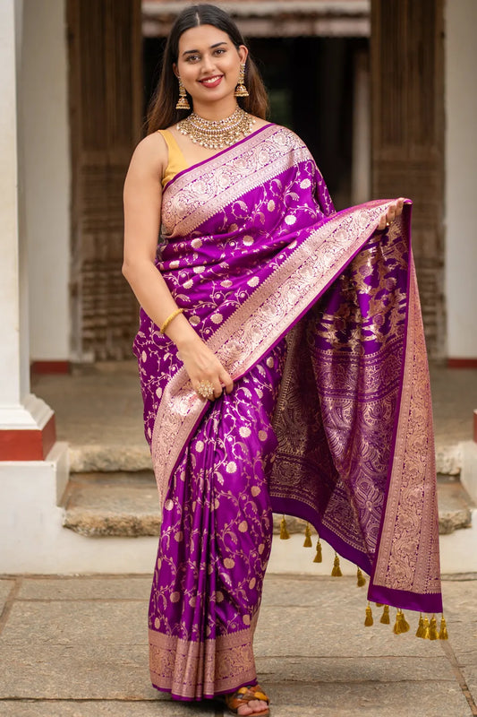 Yellow Floral Crepe Banarasi Saree