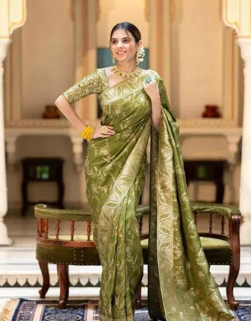 Green Meenakari Kora Silk Banarasi Saree