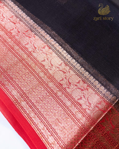 Jet Black Butta Kora Silk Banarasi Saree