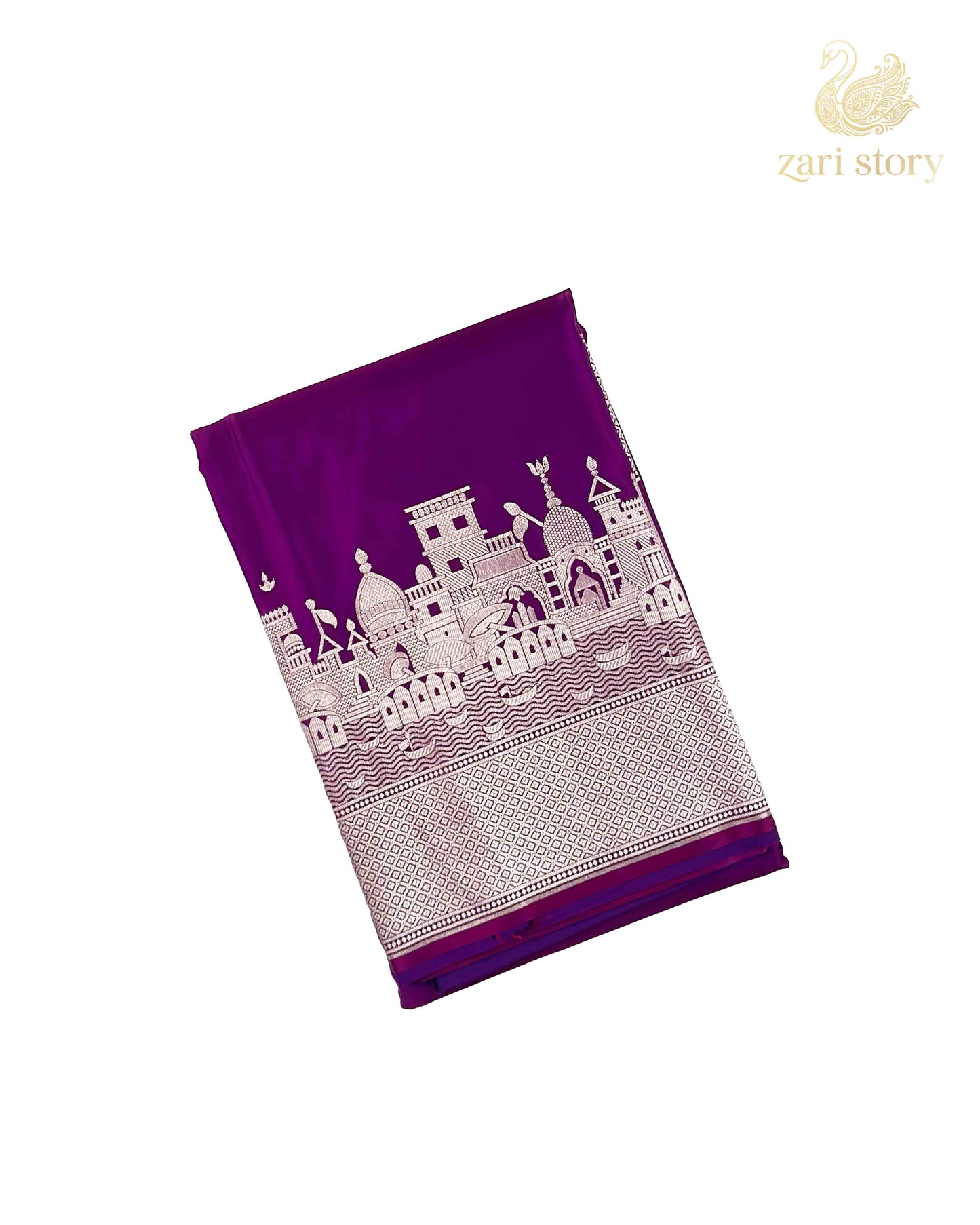 Jamun Purple Ganga Ghat Mashru Banarasi Saree