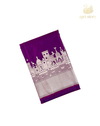 Jamun Purple Ganga Ghat Mashru Banarasi Saree