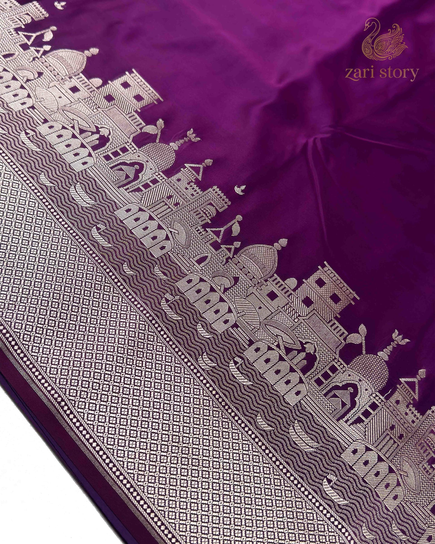Jamun Purple Ganga Ghat Mashru Banarasi Saree