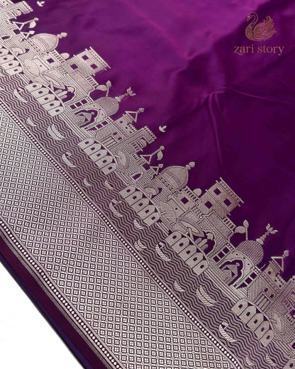 Jamun Purple Ganga Ghat Mashru Banarasi Saree
