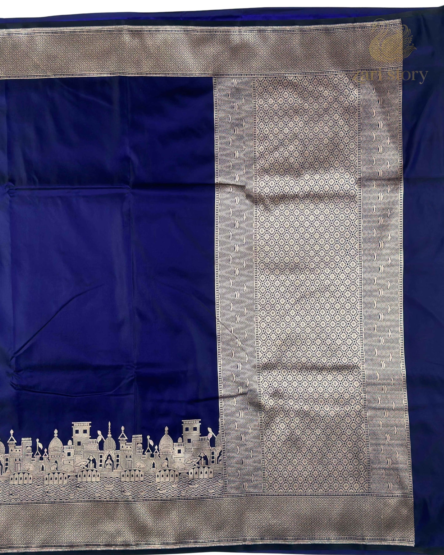 Midnight Blue Ganga Ghat Mashru Banarasi Saree