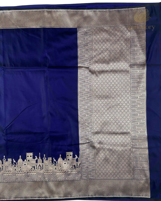 Midnight Blue Ganga Ghat Mashru Banarasi Saree