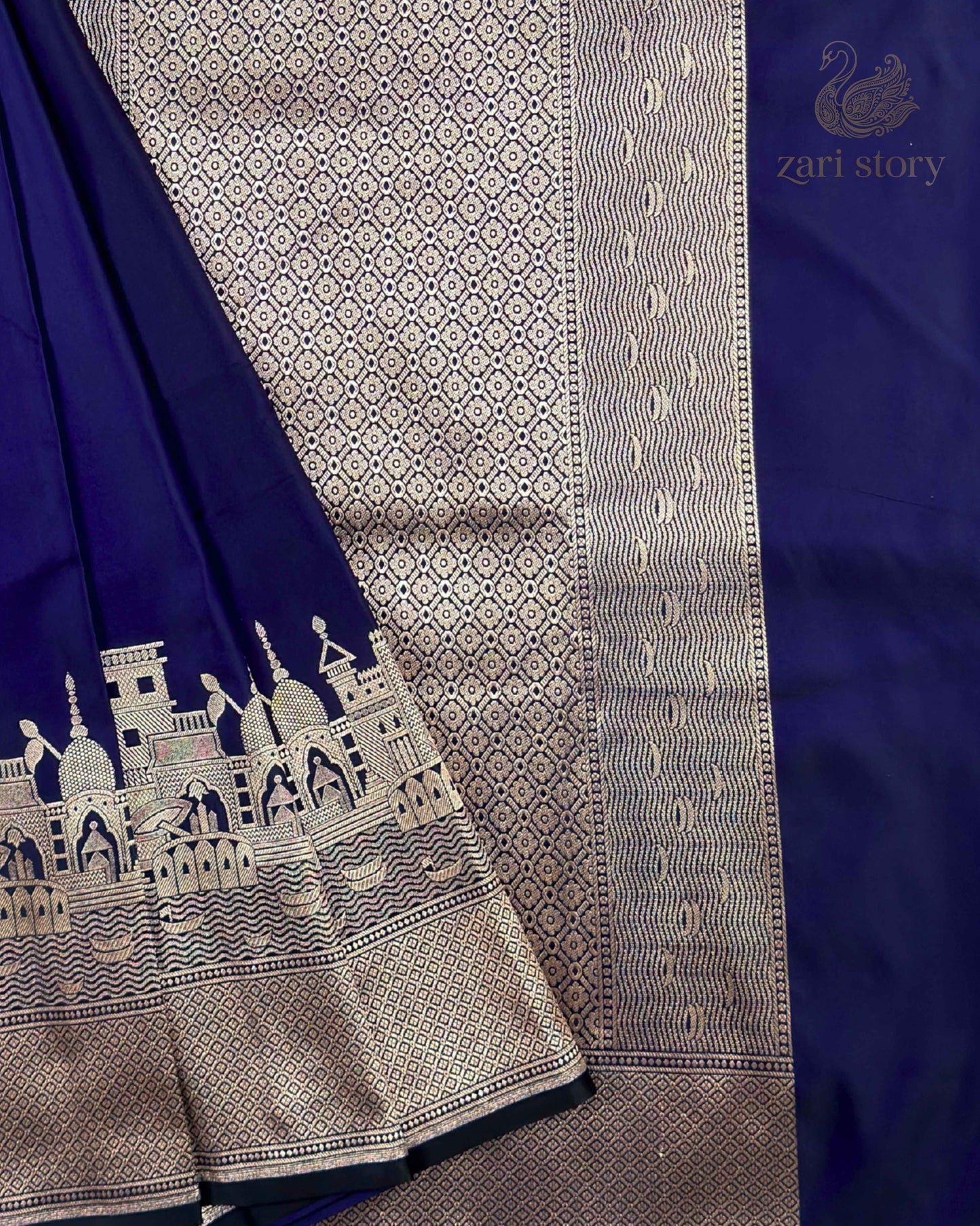Midnight Blue Ganga Ghat Mashru Banarasi Saree