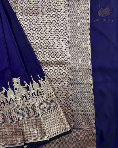 Midnight Blue Ganga Ghat Mashru Banarasi Saree