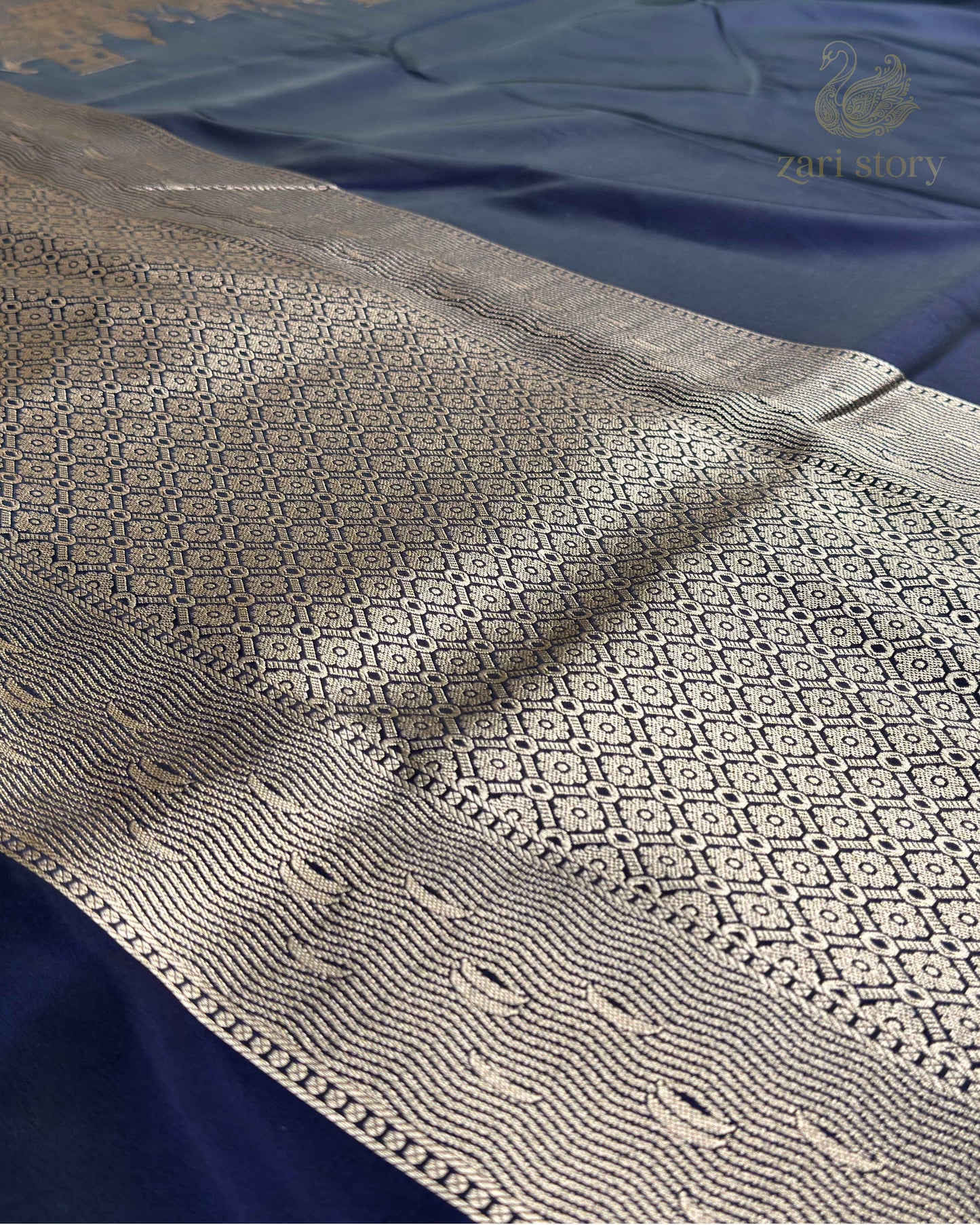 Midnight Blue Ganga Ghat Mashru Banarasi Saree