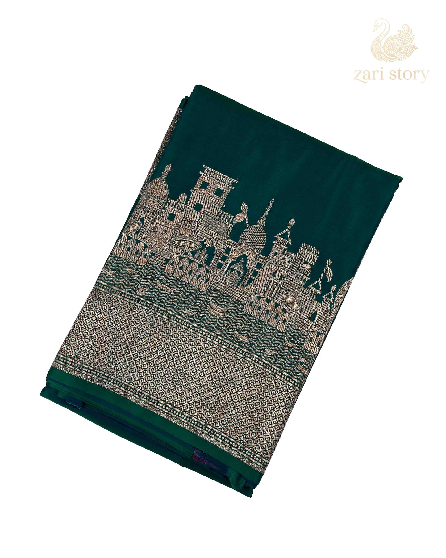 Peacock Green Ganga Ghat Mashru Banarasi Saree