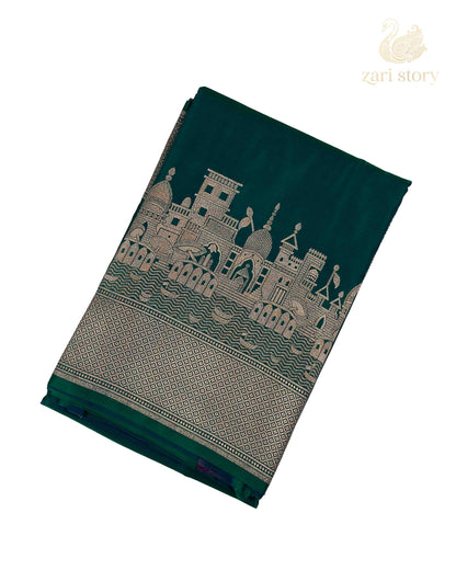 Peacock Green Ganga Ghat Mashru Banarasi Saree