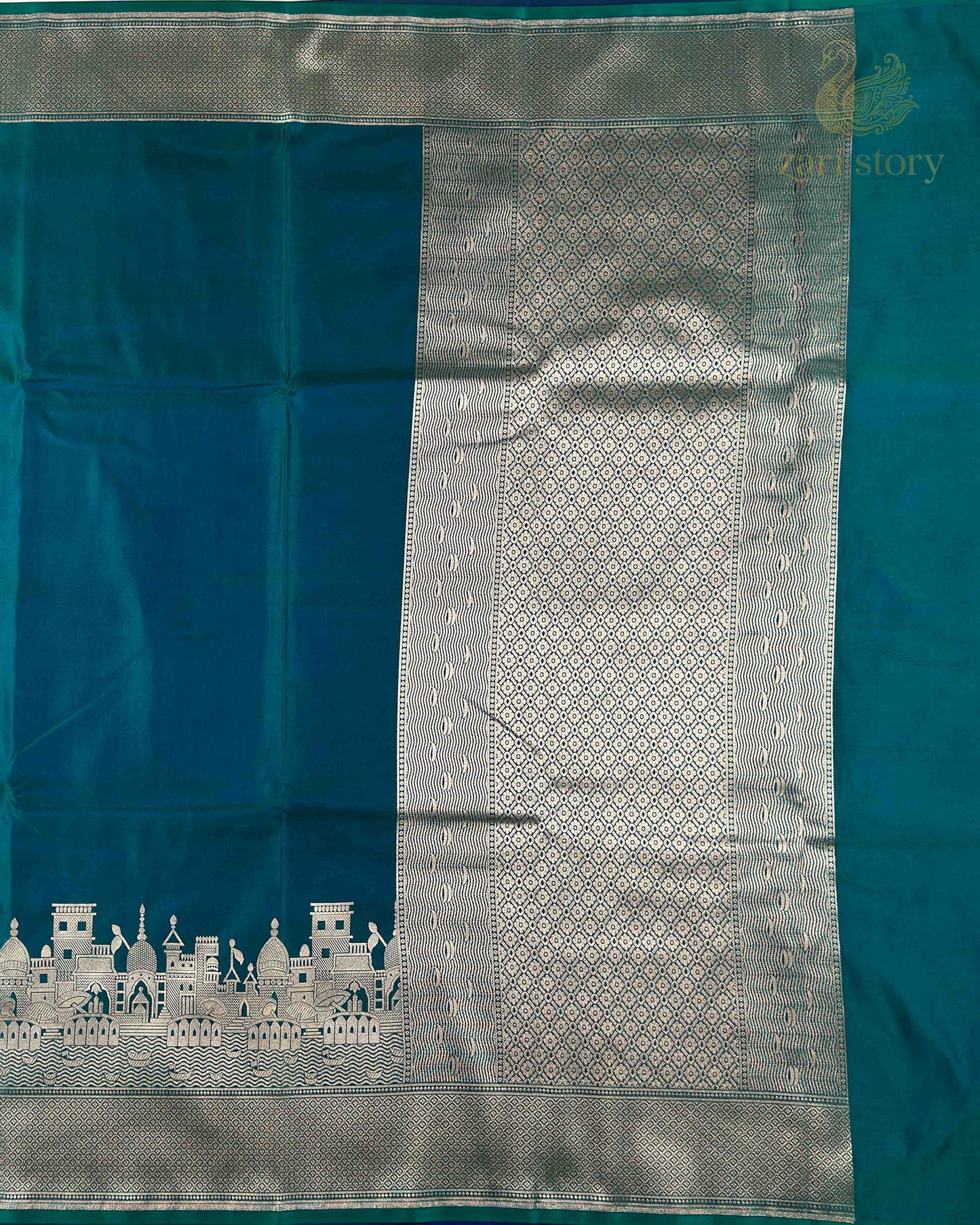 Peacock Green Ganga Ghat Mashru Banarasi Saree