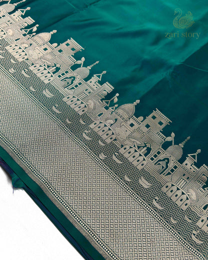 Peacock Green Ganga Ghat Mashru Banarasi Saree