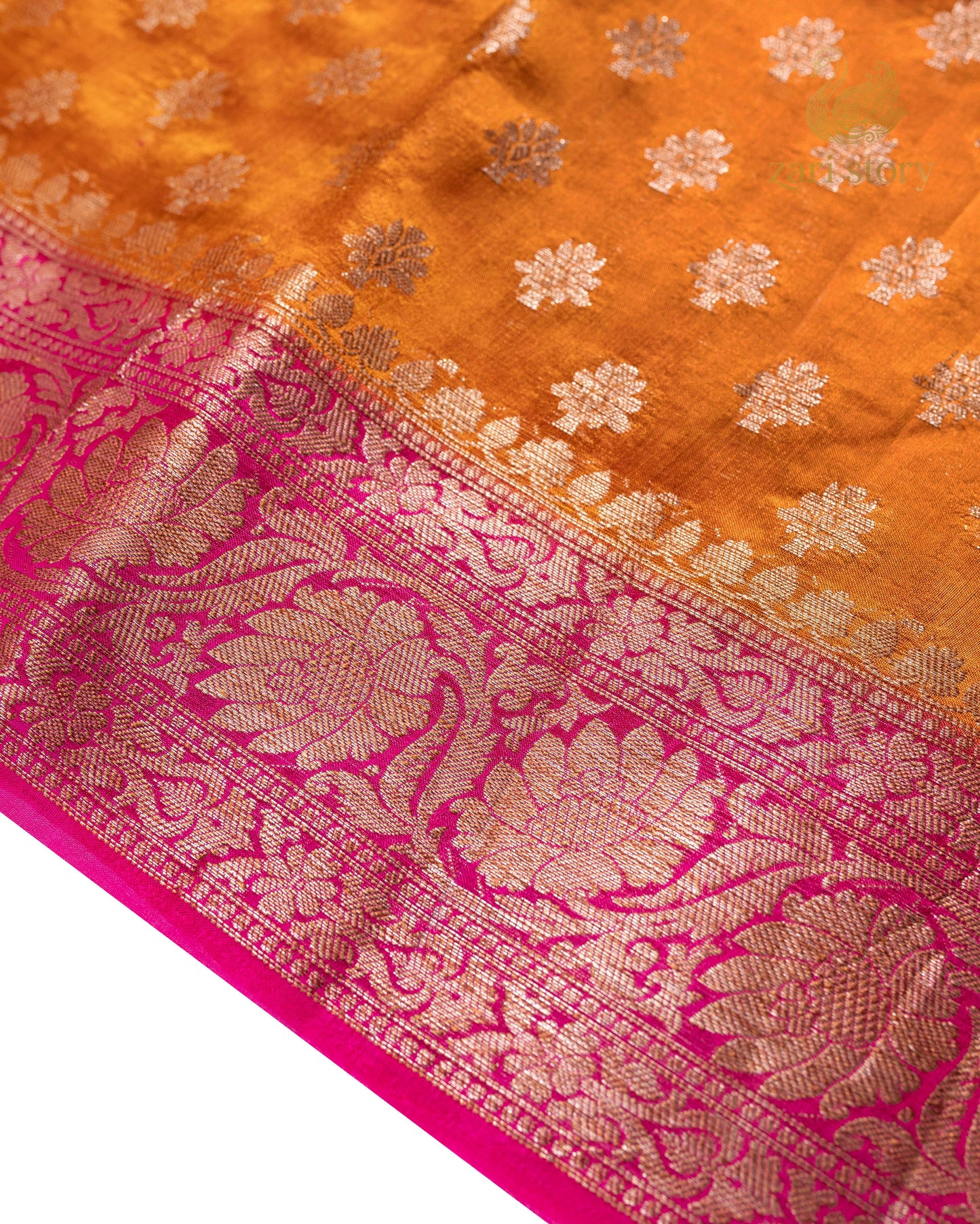 Rust Orange Butta Mulberry Silk Banarasi Saree