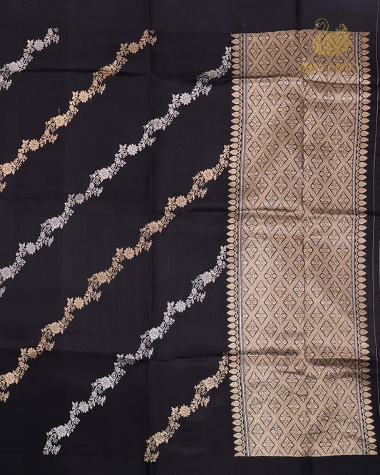 Jet Black Floral Mango Banarasi Saree