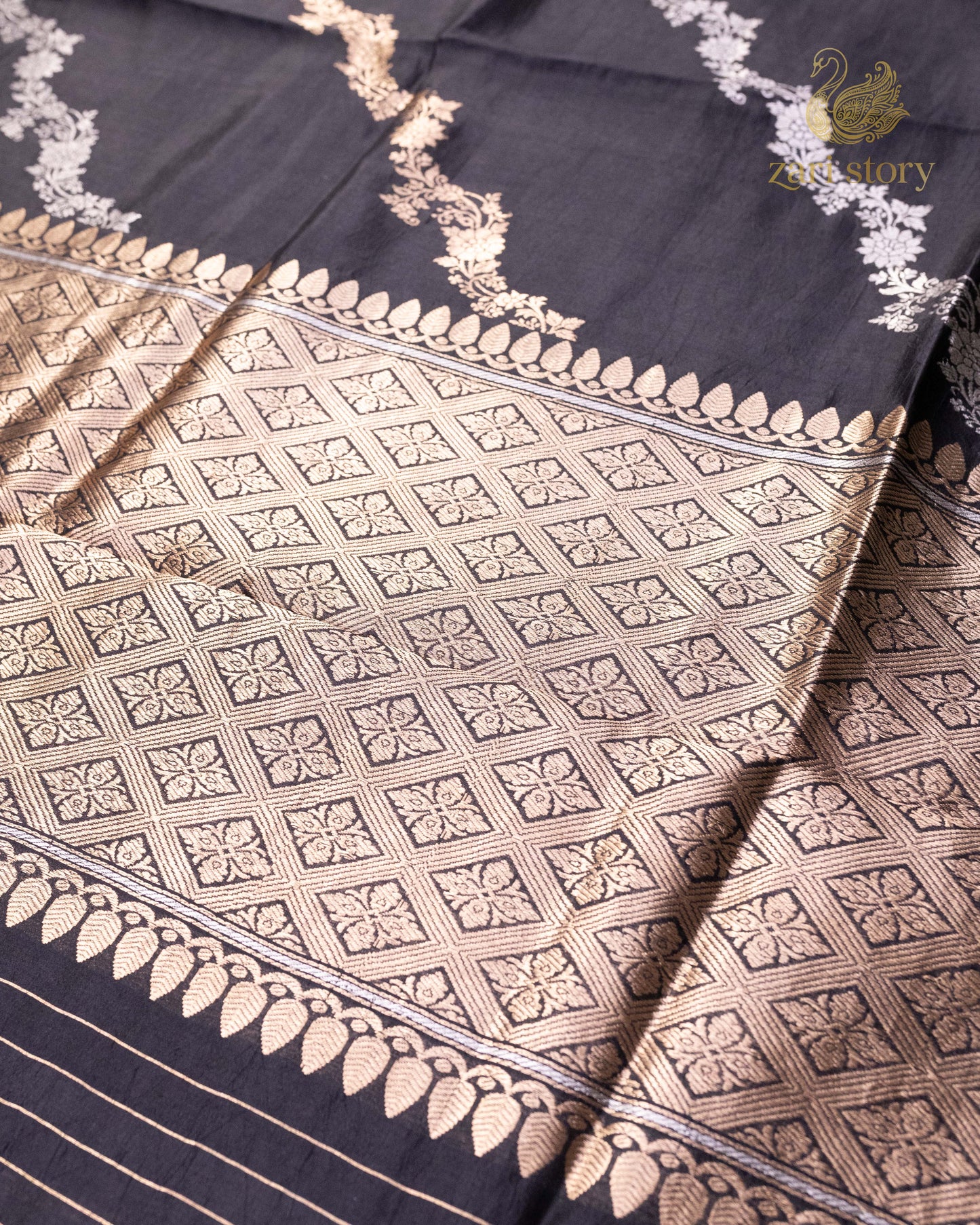Jet Black Floral Mango Banarasi Saree