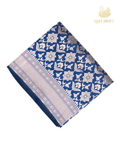 Cobalt Blue Floral Katan Silk Banarasi Saree