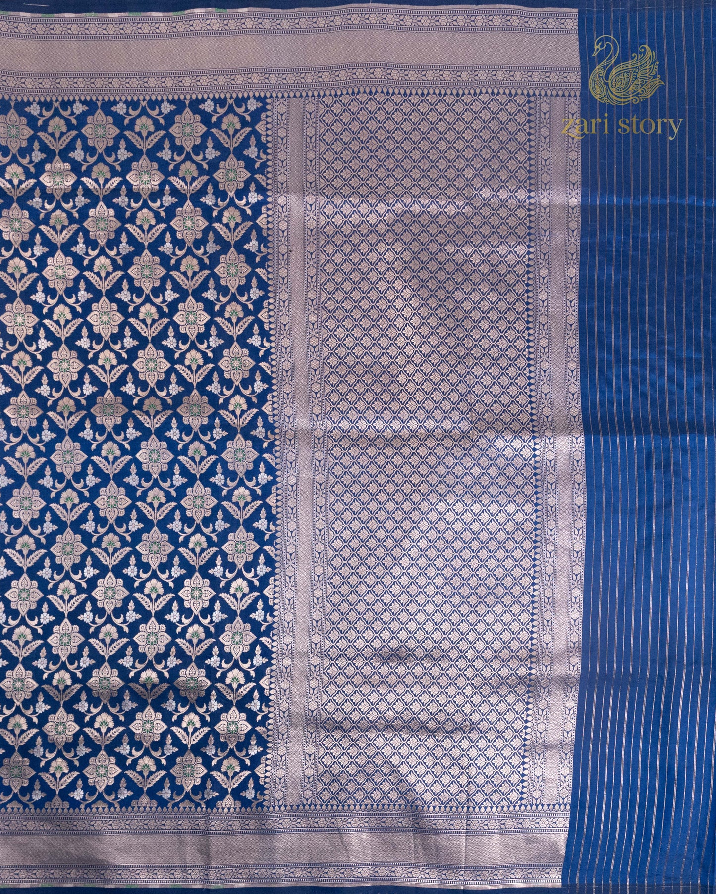 Cobalt Blue Floral Katan Silk Banarasi Saree