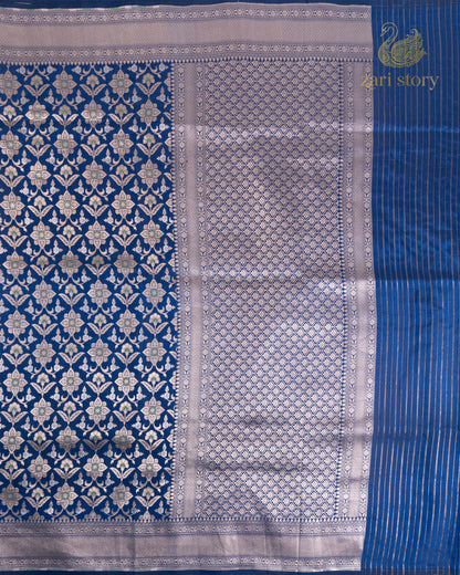 Cobalt Blue Floral Katan Silk Banarasi Saree
