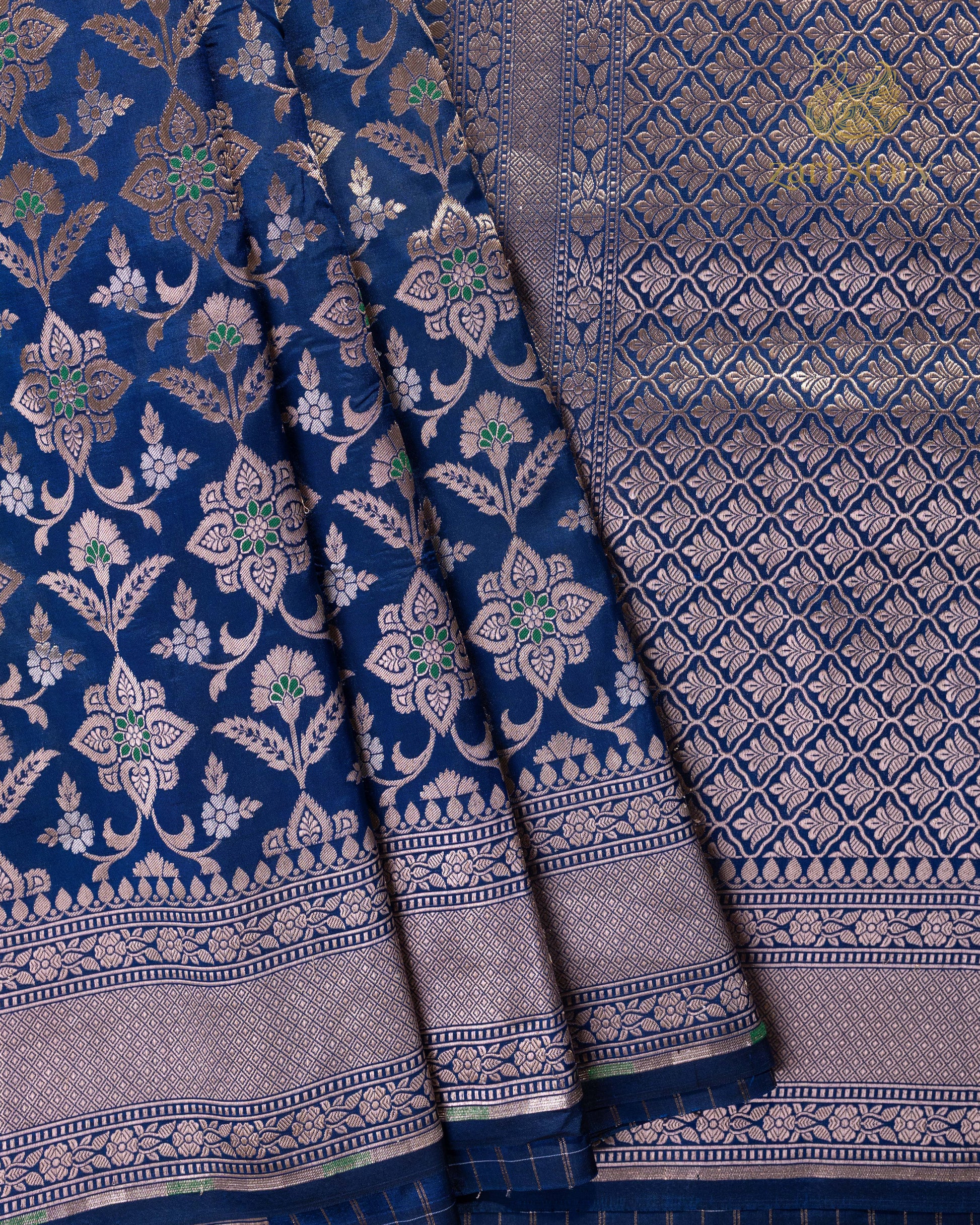 blue floral katan silk pure