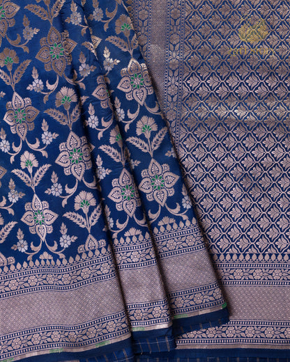 blue floral katan silk pure