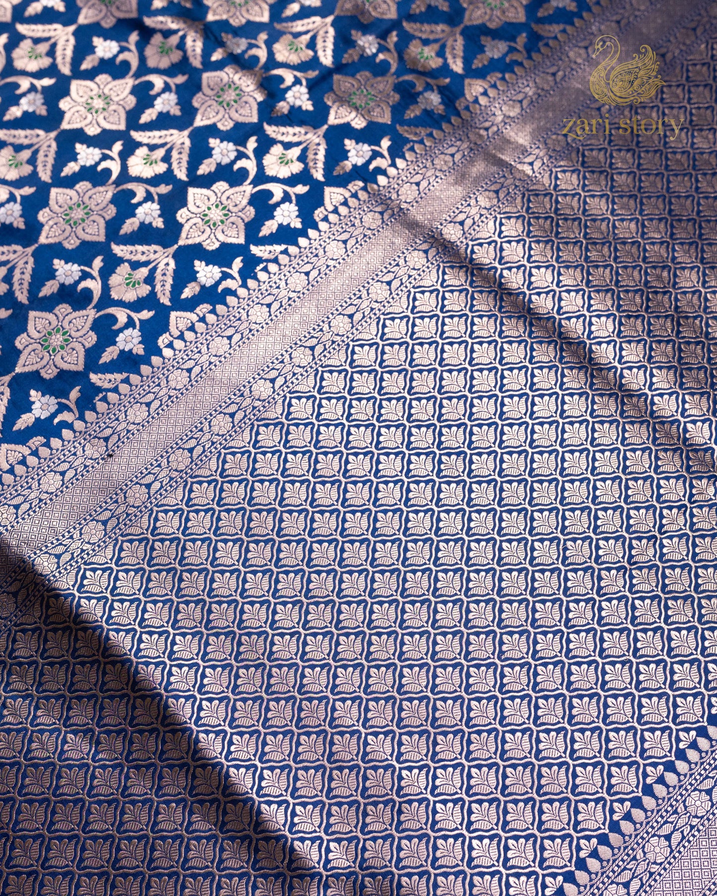Cobalt Blue Floral Katan Silk Banarasi Saree
