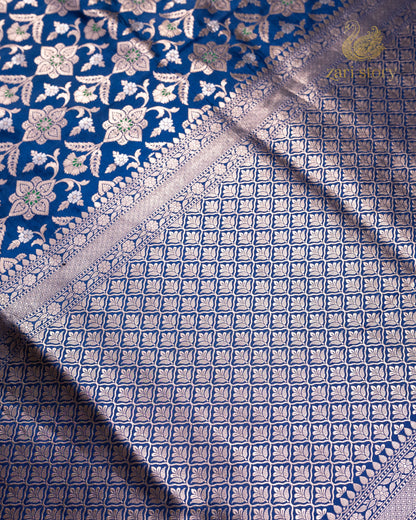 Cobalt Blue Floral Katan Silk Banarasi Saree
