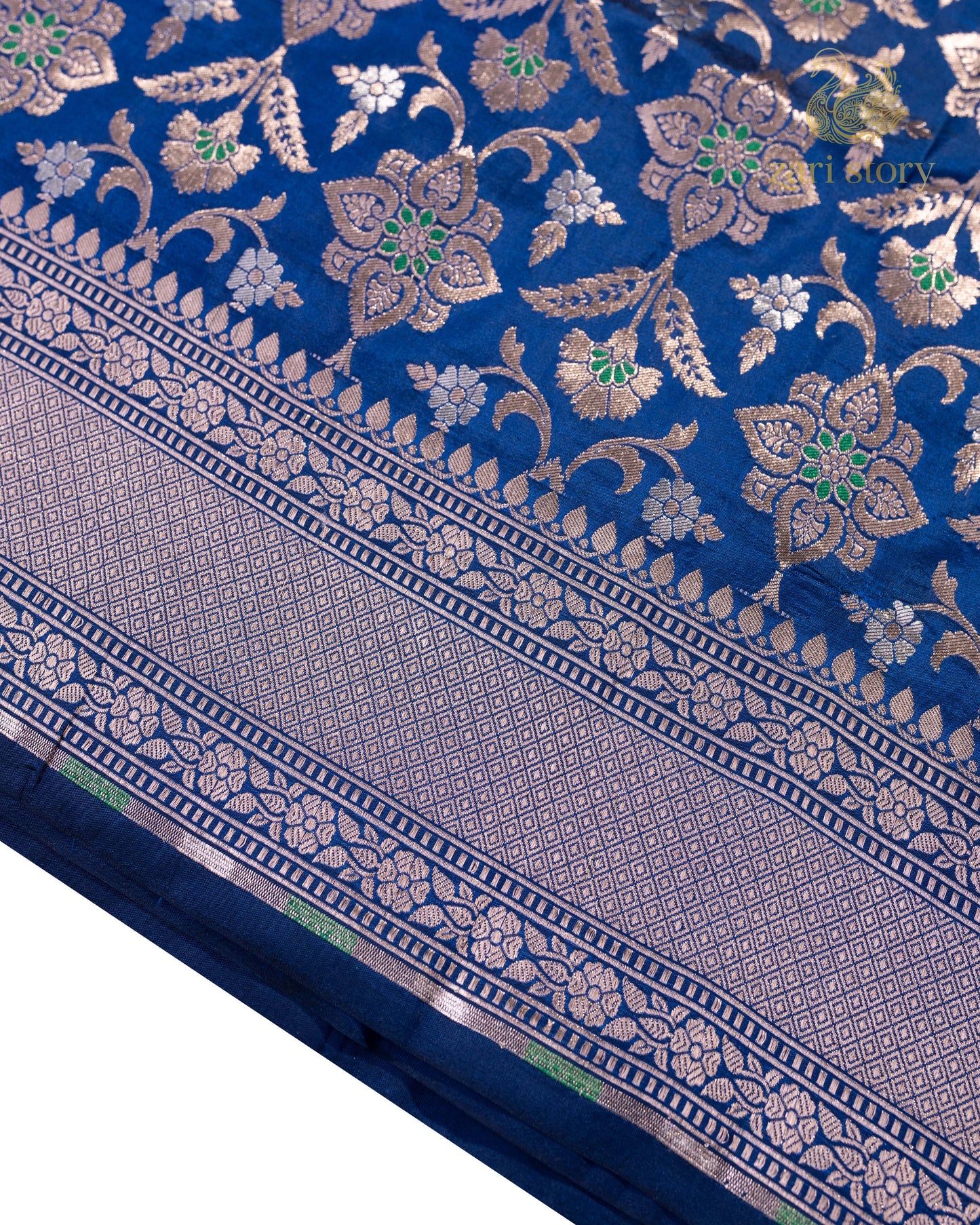 Cobalt Blue Floral Katan Silk Banarasi Saree