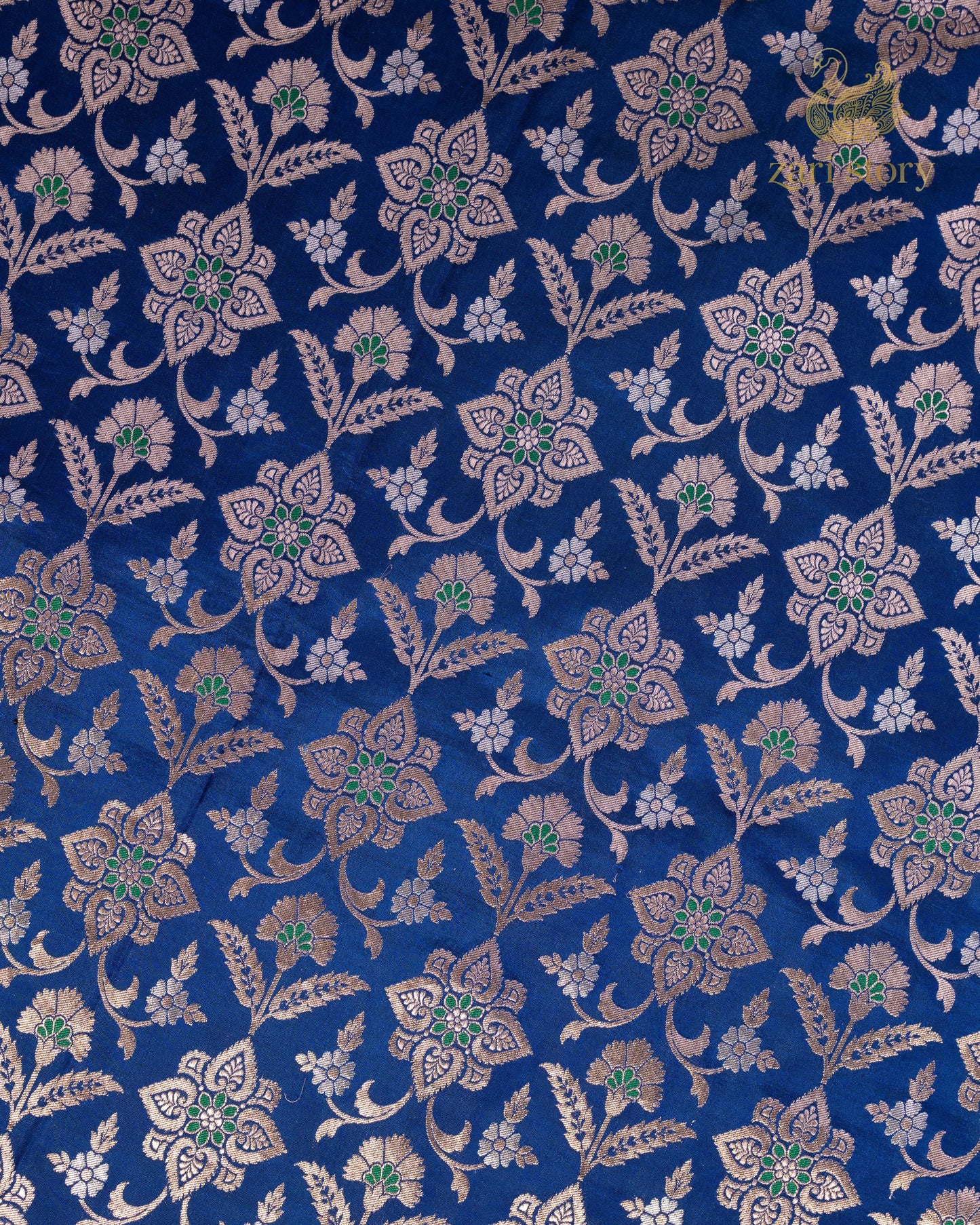 Cobalt Blue Floral Katan Silk Banarasi Saree