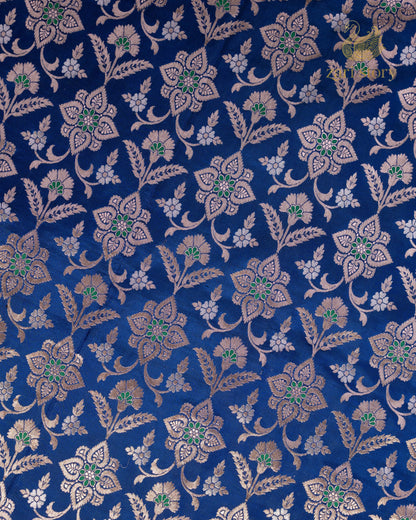 Cobalt Blue Floral Katan Silk Banarasi Saree