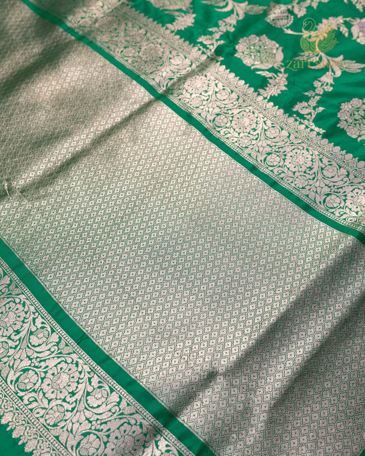 Rama Green Jaal Katan Silk Banarasi Saree