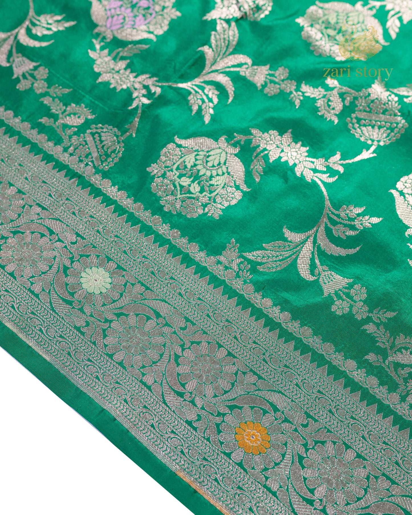 Rama Green Jaal Katan Silk Banarasi Saree