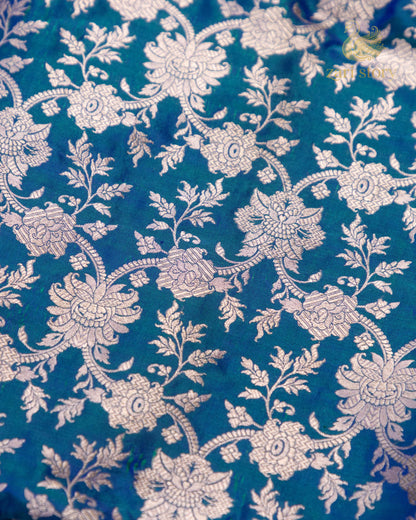 Peacock Blue Floral Katan Silk Banarasi Saree