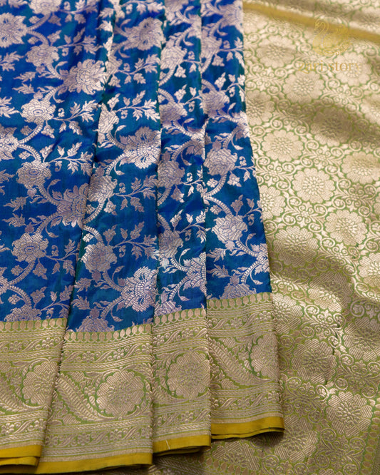 blue floral katan silk pure