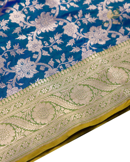 Peacock Blue Floral Katan Silk Banarasi Saree