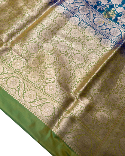 Peacock Blue Floral Katan Silk Banarasi Saree