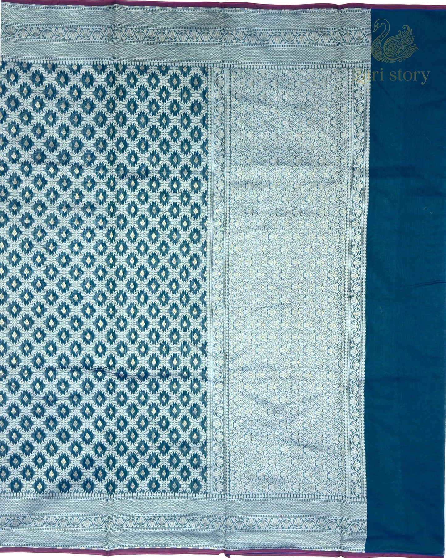 Peacock Blue Jaal Cotton Banarasi Saree