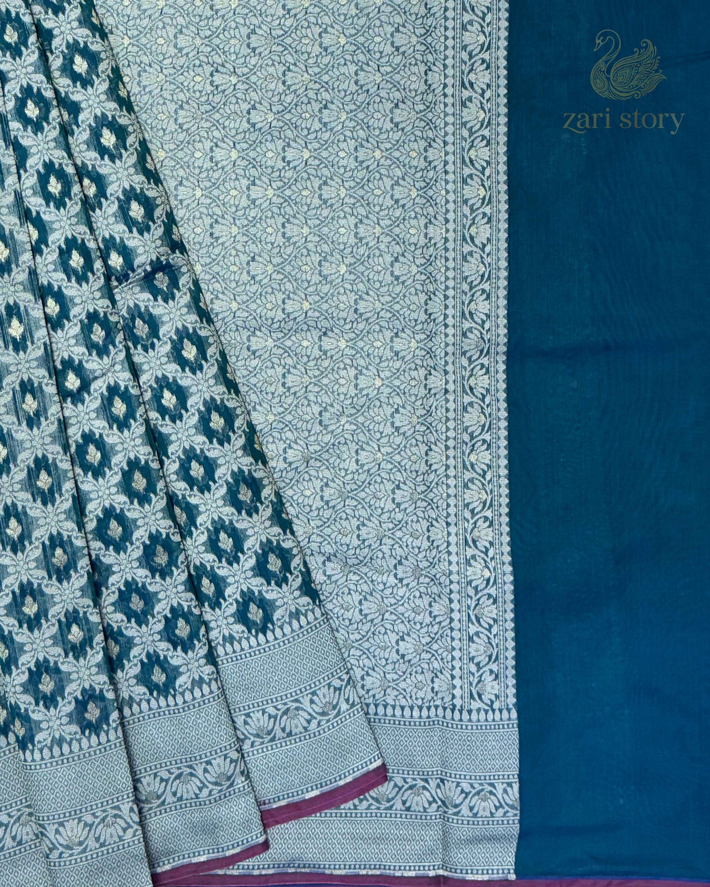 Peacock Blue Jaal Cotton Banarasi Saree