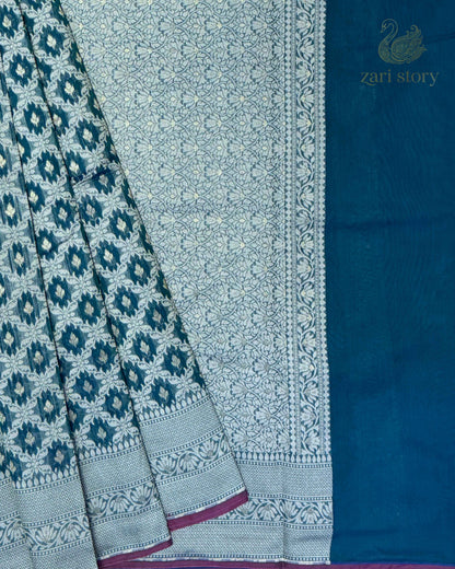 Peacock Blue Jaal Cotton Banarasi Saree