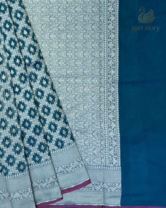 Peacock Blue Jaal Silk Cotton Banarasi Saree
