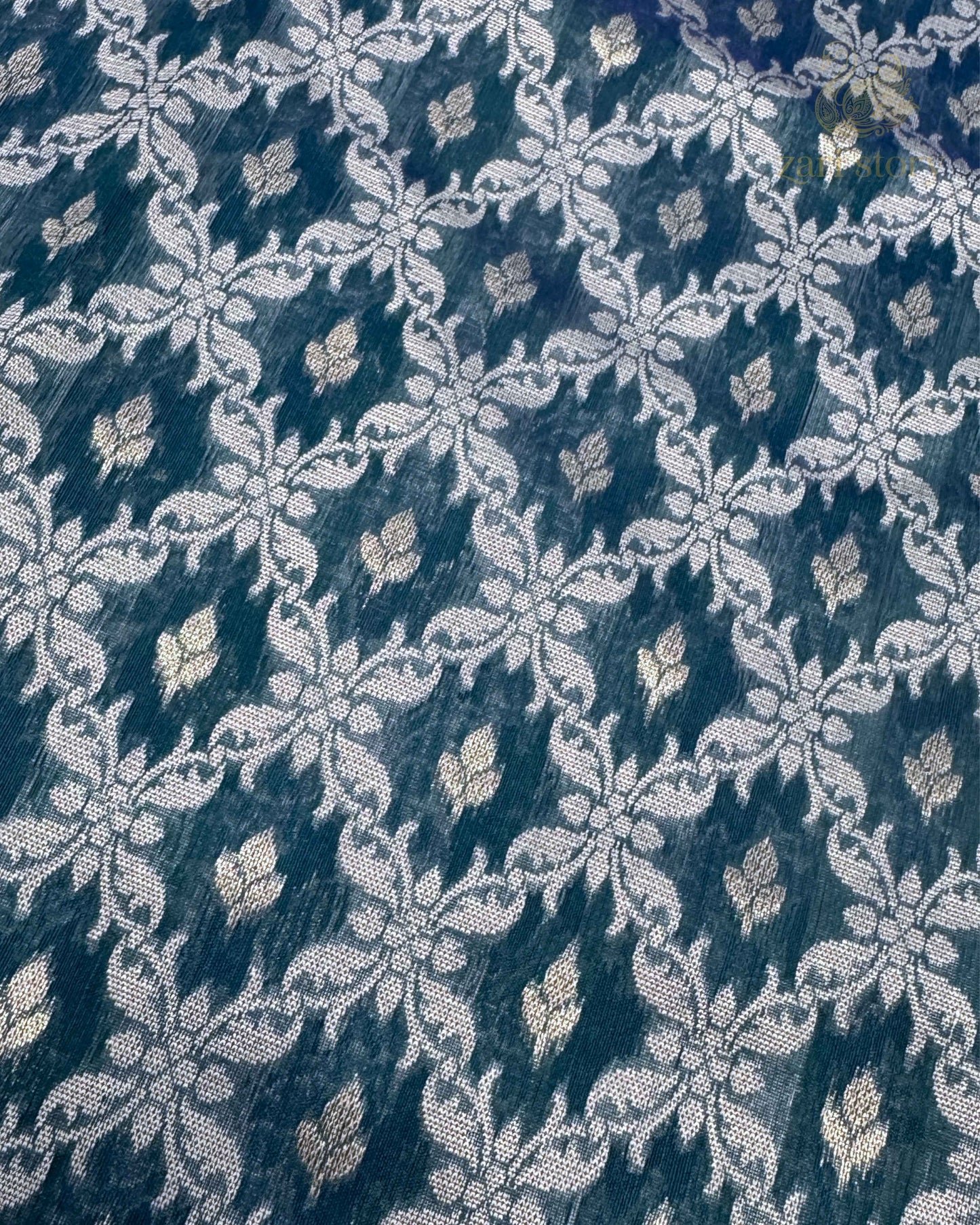 Peacock Blue Jaal Cotton Banarasi Saree