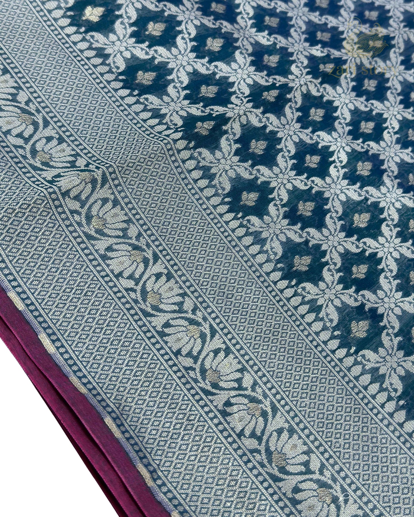 Peacock Blue Jaal Cotton Banarasi Saree