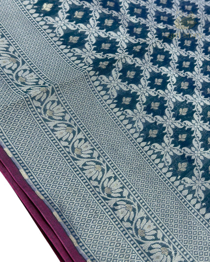 Peacock Blue Jaal Cotton Banarasi Saree