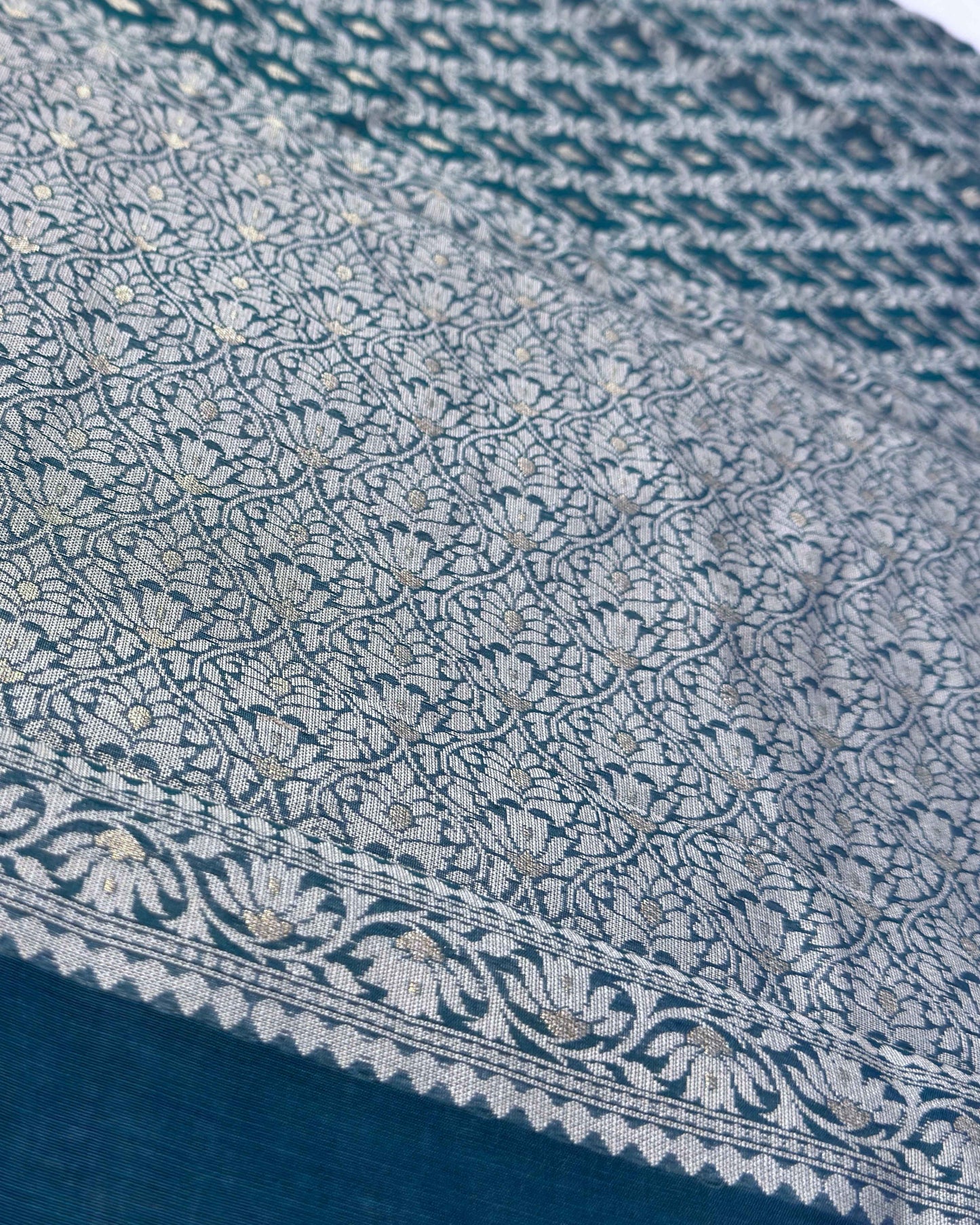Peacock Blue Jaal Cotton Banarasi Saree