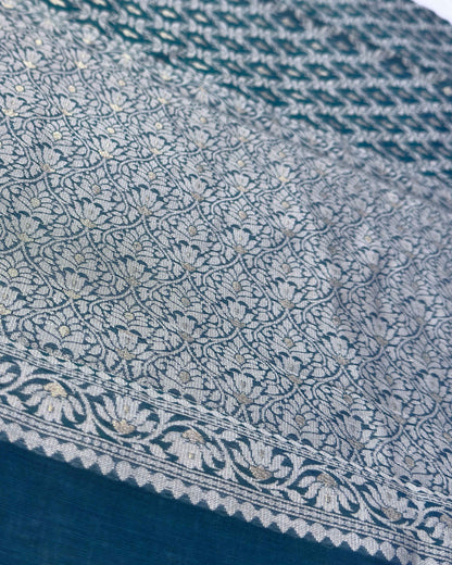 Peacock Blue Jaal Cotton Banarasi Saree