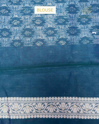Peacock Blue Jaal Cotton Banarasi Saree
