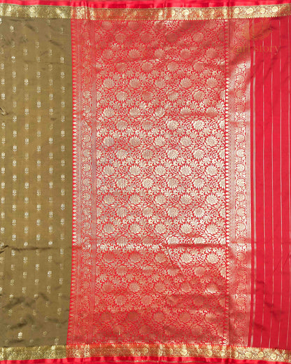 Olive Green Butta Soft Silk Banarasi Saree