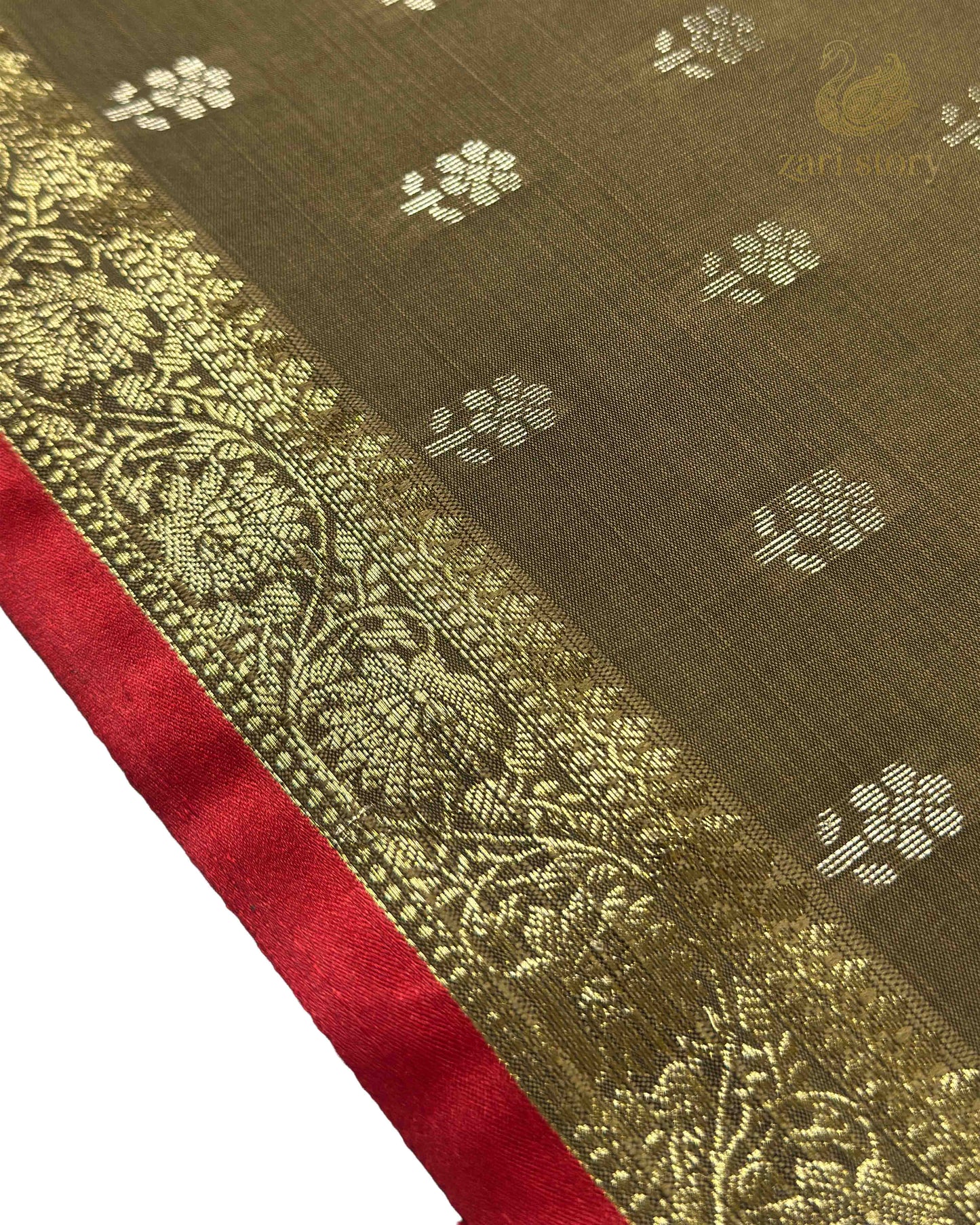 Olive Green Butta Soft Silk Banarasi Saree