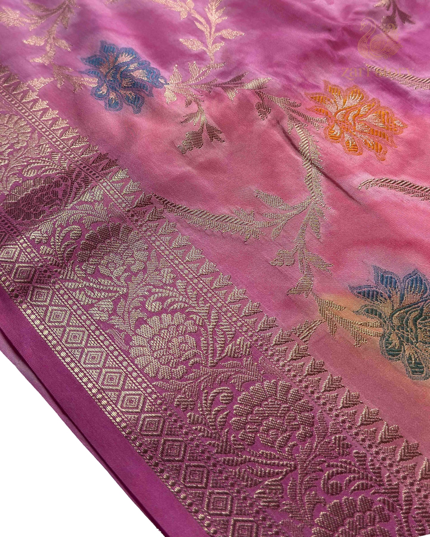 Pink Multicolour Floral Soft Silk Banarasi Saree